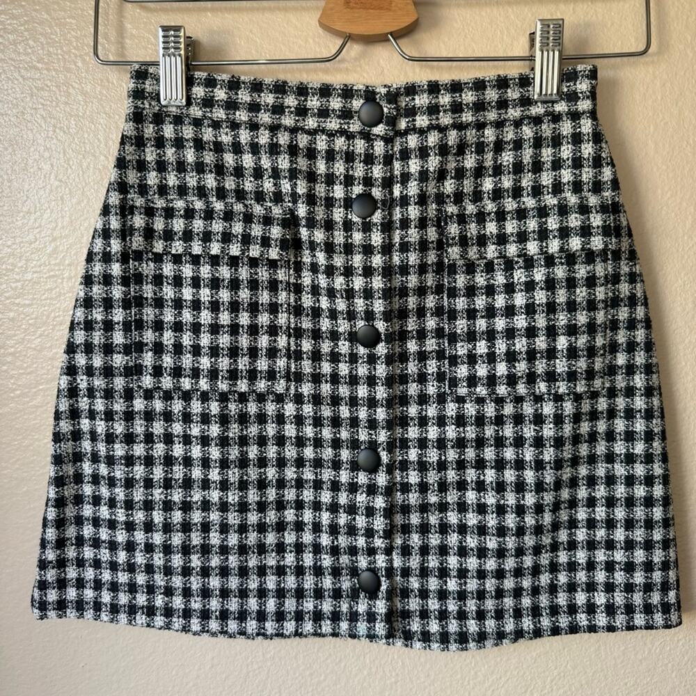 New Button-Front Black and White Check Mini Skirt